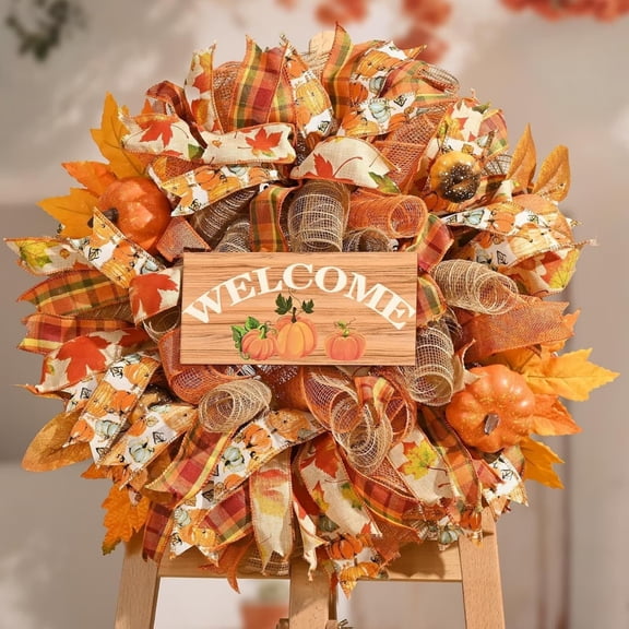 Miwamany Thanksgiving Ribbon Pumpkin Wreath Welcome Wooden Door Hanger, Fall Sign with Artificial Leaves for Front Porch, Indoor Outdoor Wall Decor for Home Living Room Entryway