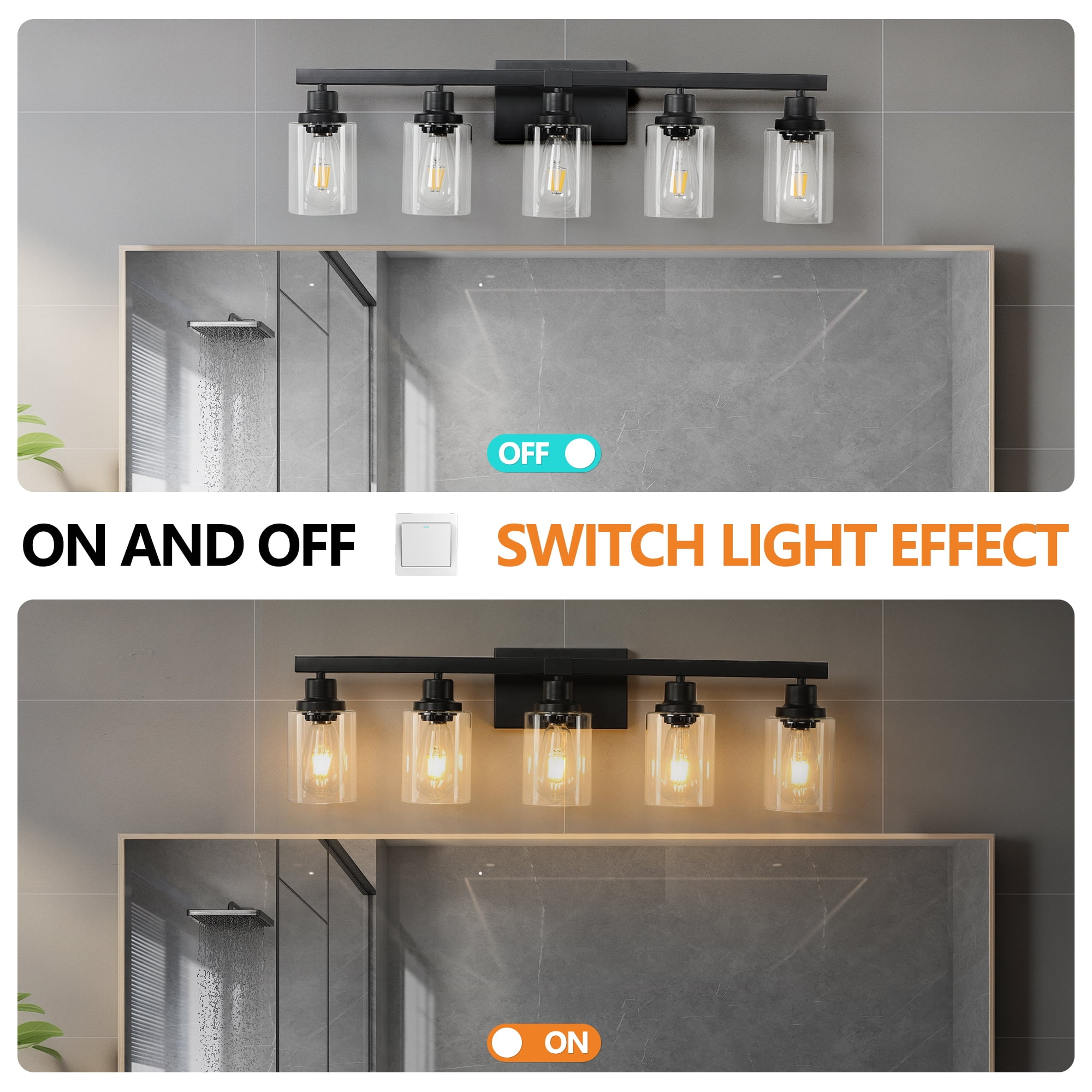 31" Modern Black 5-Light Bathroom Vanity Light Fixture, Industrial Wall Sconce with Clear Glass Shades for Mirror, Bathroom, Bedroom, and Hallway (No Bulbs)