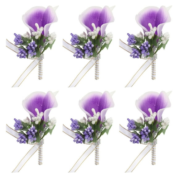 Calla Lily Boutonnieres for Men, Handmade Groom Groomsmen Boutonnieres Corsages with Pins, White/Purple 6 Pack