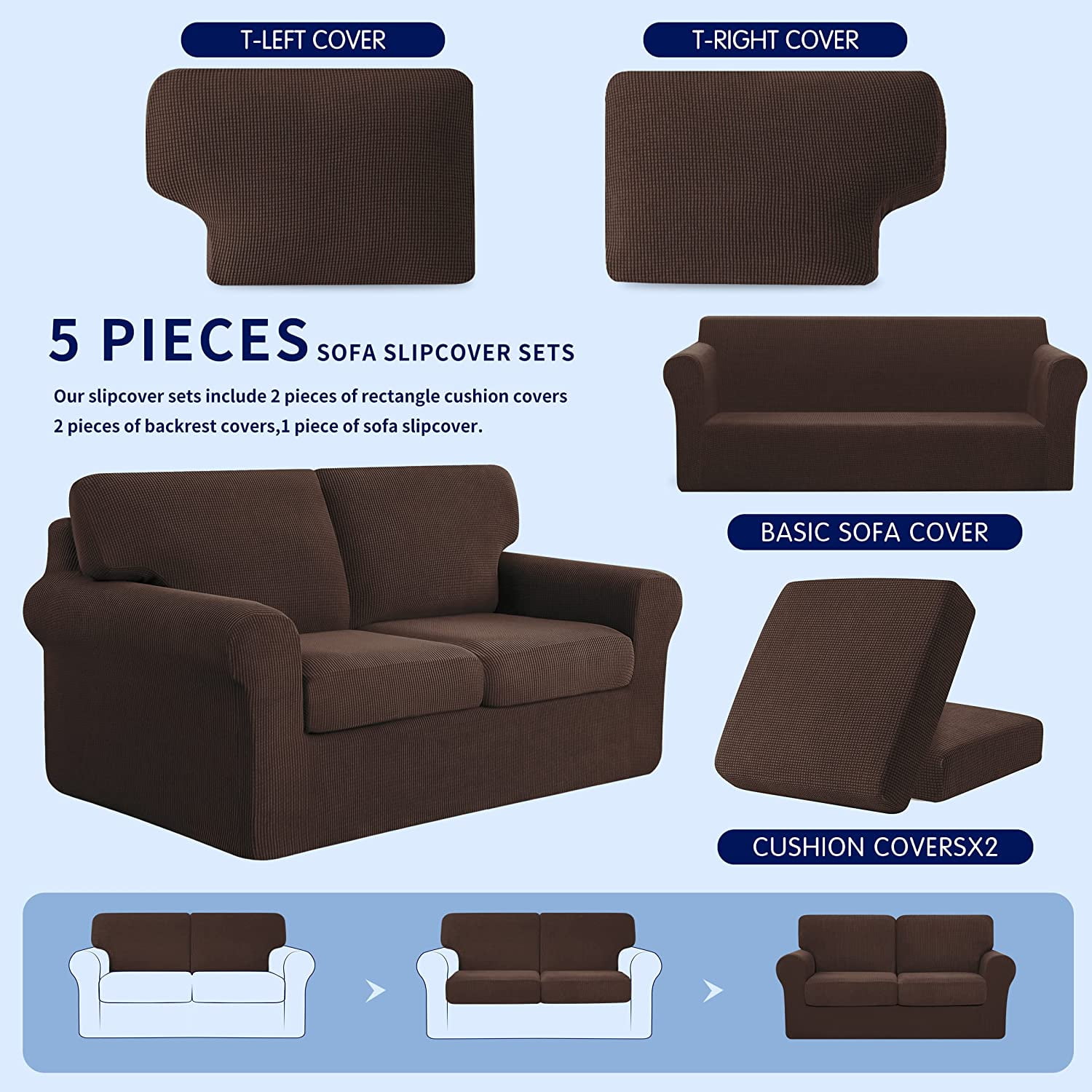 Subrtex Sofa Slipcover Sets 5 Pieces Stretch Couch Cover Backrest Cushion Covers (Loveseat, Chocolate)
