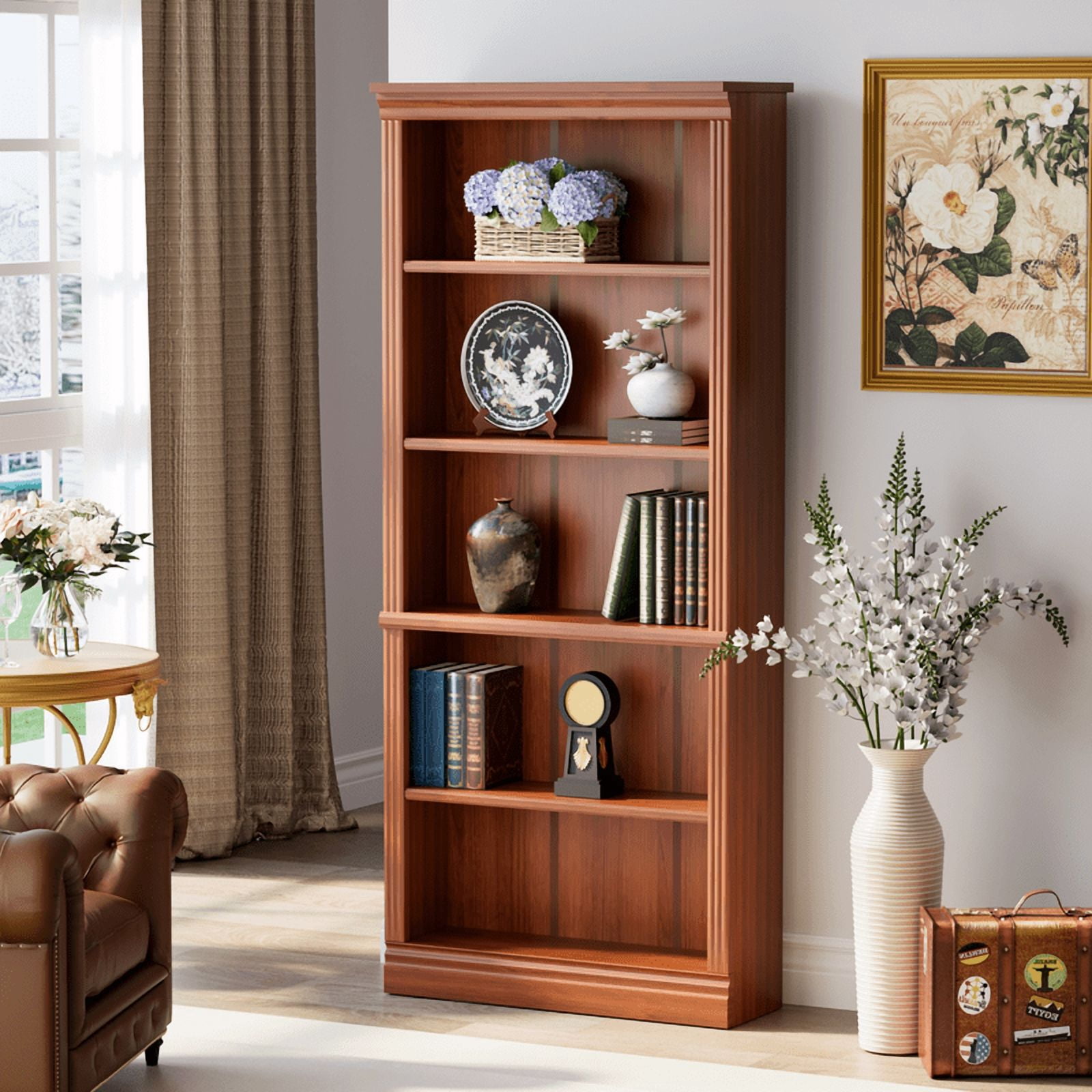 Vineego 5-Shelf Corner Bookcase - Sturdy Red Storage for Home Office, Living Room