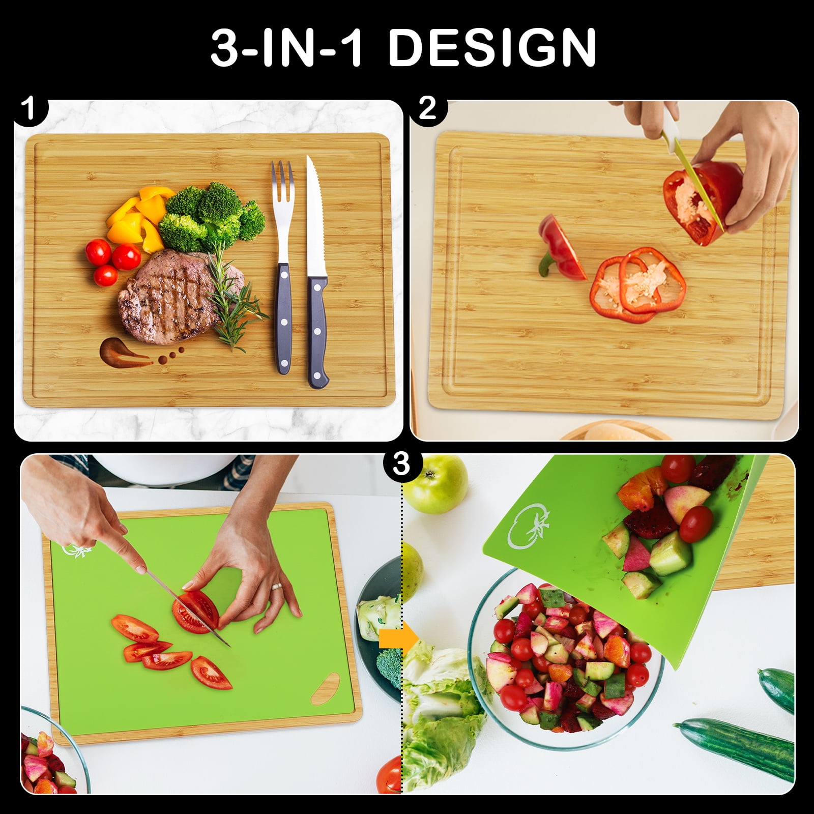 Bamboo Cutting Board Set with 6 Color-Coded Flexible Chopping Mats for Kitchen Prep, Charcuterie & Chopping for Meat, Vegetables and Fruits