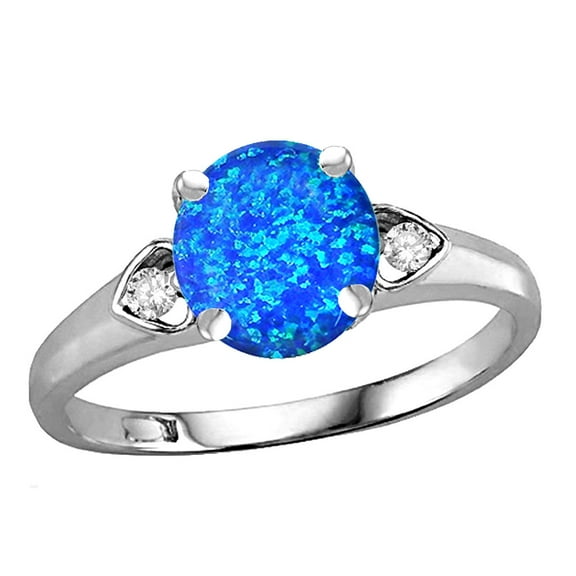 Star K� Round 7mm Created Blue Opal Three 3 Stone Heart Engagement Promise Wedding Ring