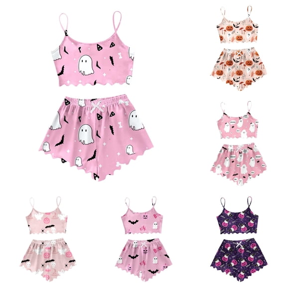 LINGLANG Pink Halloween Pajamas for Women Cute Ghost Pumpkin Print Strappy Cami Top and Shorts PJ Set Loungewear