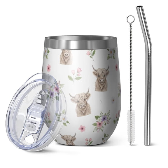 12oz Stemless Wine Tumblers White Highland Cow Flower Pattern Vacuum Insulated Stainless Steel Travel Tumbler Cups Mug with Lid and Straw for Champaign,Cocktail,Beer with Cleaning Brush