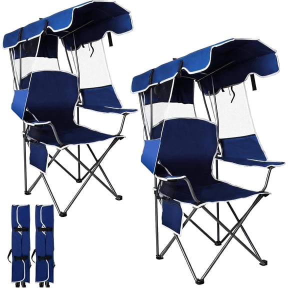 XYGOO Folding Canopy Beach Camping Chairs for Adult 2 Pack, Portable Outdoor Chairs with Sunshade,Cup Holder & Side Pocket for Camping, Fishing, Beach, Backyard, Navy