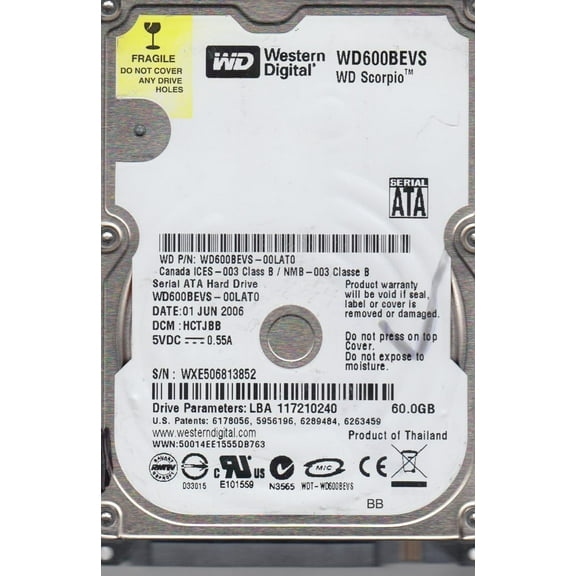 WD600BEVS-00LAT0, DCM HCTJBB, Western Digital 60GB SATA 2.5 Hard Drive
