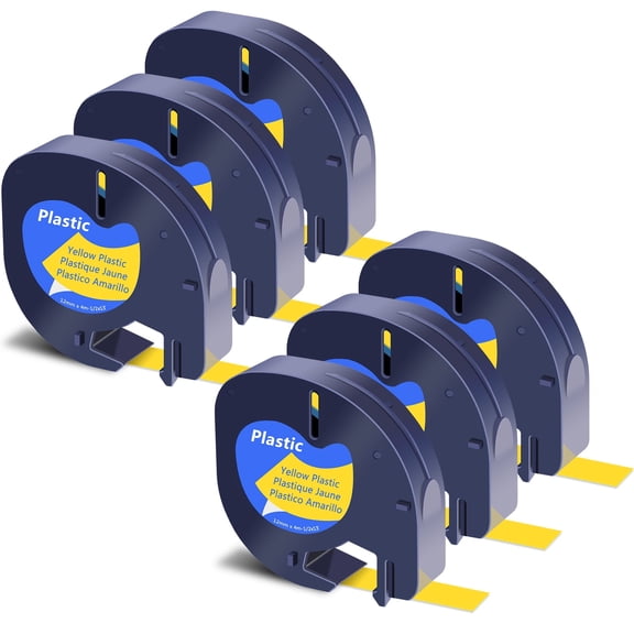 6PK Compatible for DYMO LetraTag Refills 91332 12mm Black on Yellow Plastic Label Maker Tape