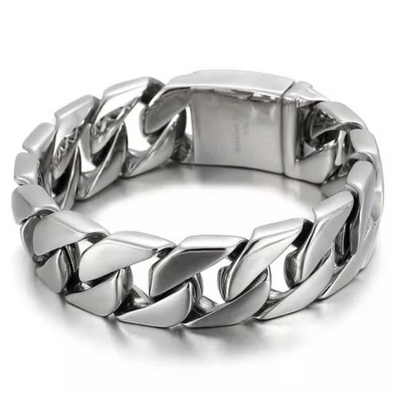QQTDFG 20mm Men's Heavy Polished Stainless Steel Large Cuban Link Chain Bracelet 8.26"-Silver