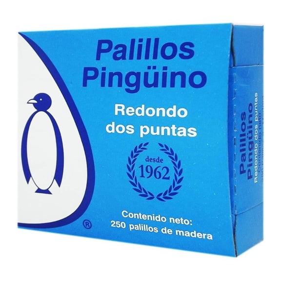 Palillos de madera Pingüino redondos dos puntas 250 pzas