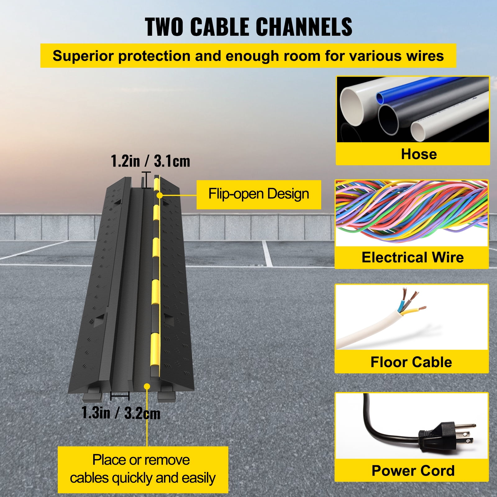 SKYSHALO Cable Protector Ramp, 5 Packs 2 Channels Speed Bump Hump, Rubber Modular Speed Bump Rated 11000 lbs Load Capacity