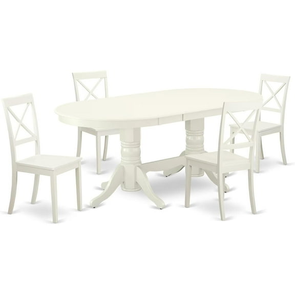 HomeStock 5 Piece Kitchen Table Set for 4 Includes an Oval Dining Room Table with Leaf and 4 Solid Wood Seat Chairs, 40x76 Inch,Linen White