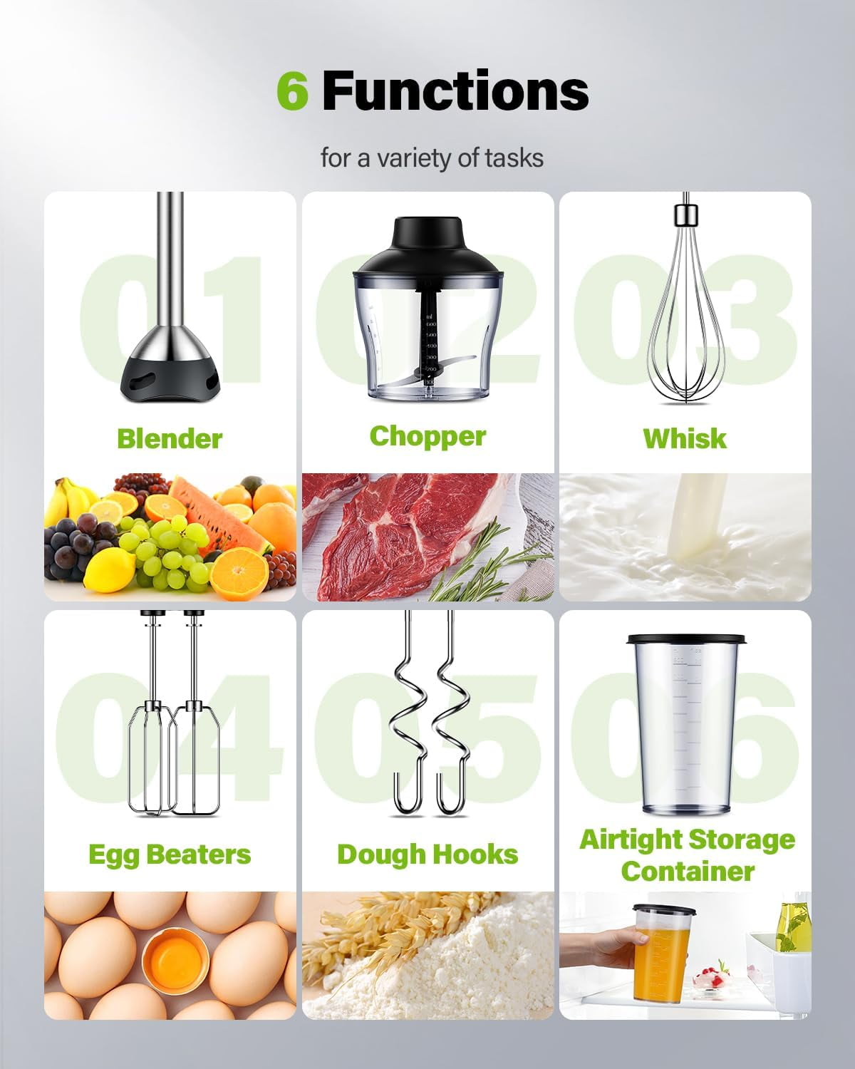 6 in 1  Immersion Blender, 1000W Handheld Hand Blender, 20 Speeds Emulsion Blender with Chopper, Whisk and Frother for Soup, Baby Food and Smoothies, Black