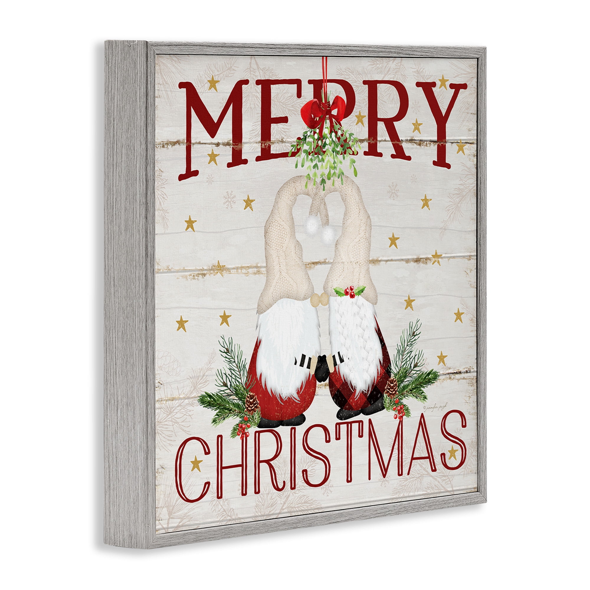 Stupell Industries Holiday Gnomes Under Mistletoe Holiday Painting Gray Framed Art Print Wall Art, 12 x 12