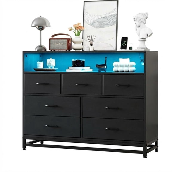 7 Drawer Modern Dresser with Charging Station & LED Lights, Wide Wooden Storage Chest for Bedroom Living Room