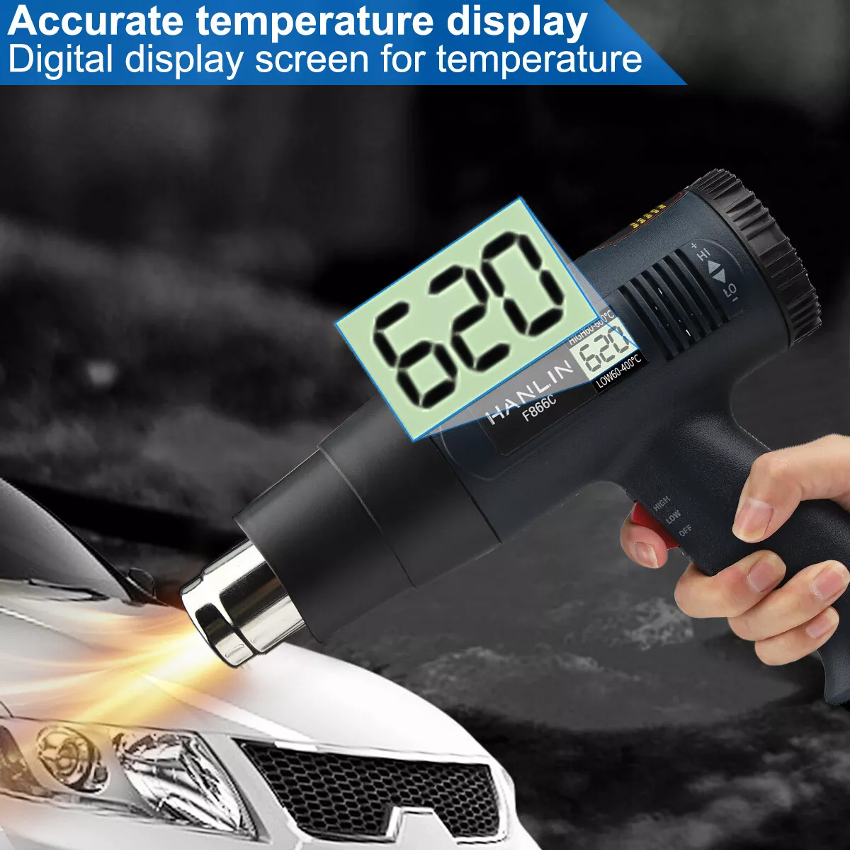2500W Heat Gun for Vinyl Wrap Electric Hot Air Gun Dual Temperature LCD Display 4 Nozzles Tool
