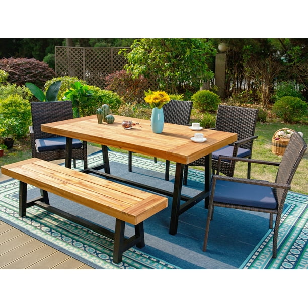 Mf Studio 6 Pieces Outdoor Patio Dining, Wooden Bench Dining Table Outdoor Set