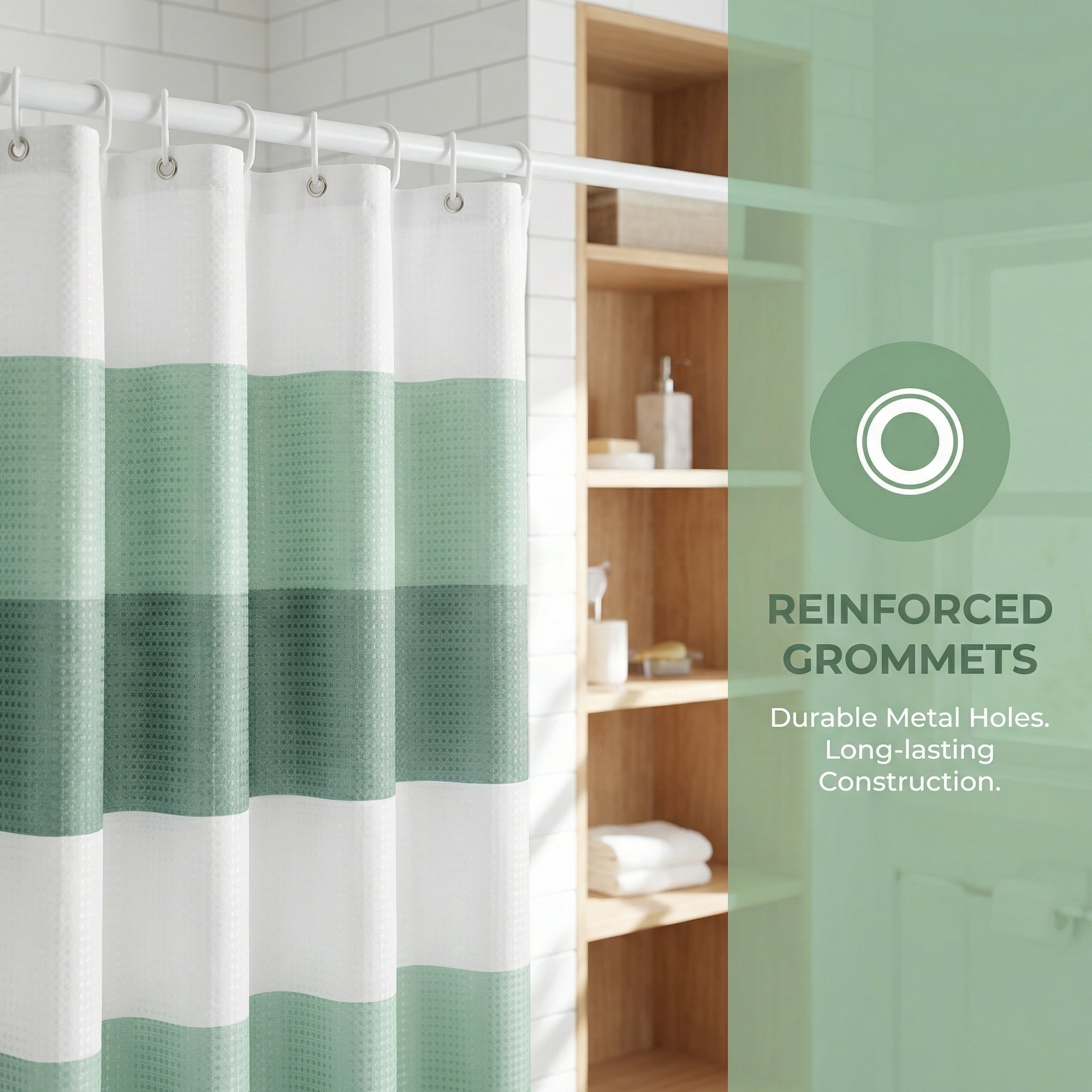 Unique Bargains Waffle Stripe Shower Curtain Sets with 12 Hooks Green 71"W x 71"L