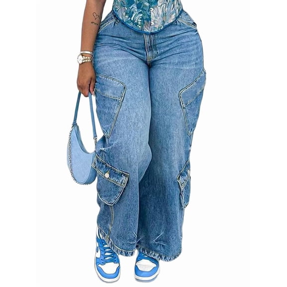 Y2K Baggy Jeans Vintage Washed Streetwear Fashion Cargo Pants with Multiple Pockets Blue M