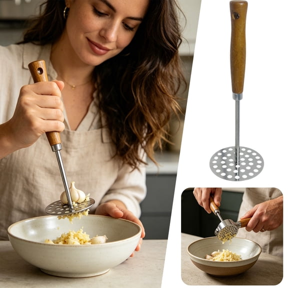 Stainless Steel Potato Masher with Wooden Handle - Baby Food Maker & Mashing Tool for Potatoes, Vegetables, and Purees - Non-Slip Grip Kitchen Gadget for Home Use