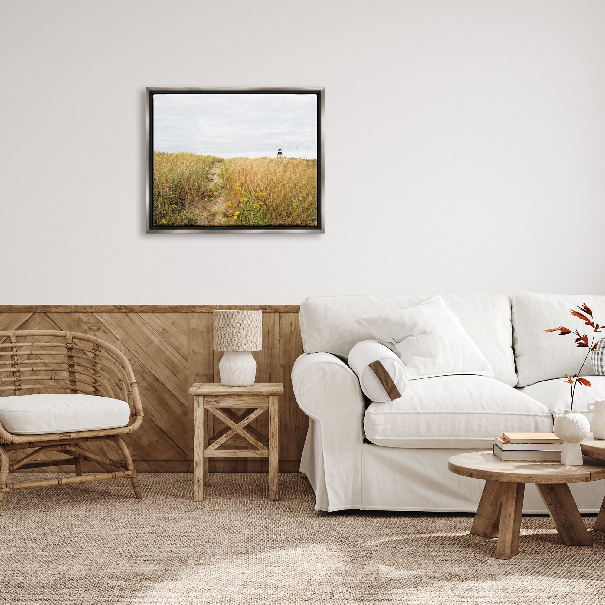Stupell Industries Lighthouse Grassland Scenery Nature Photography Gray Floater Framed Art Print Wall Art, 31 x 25