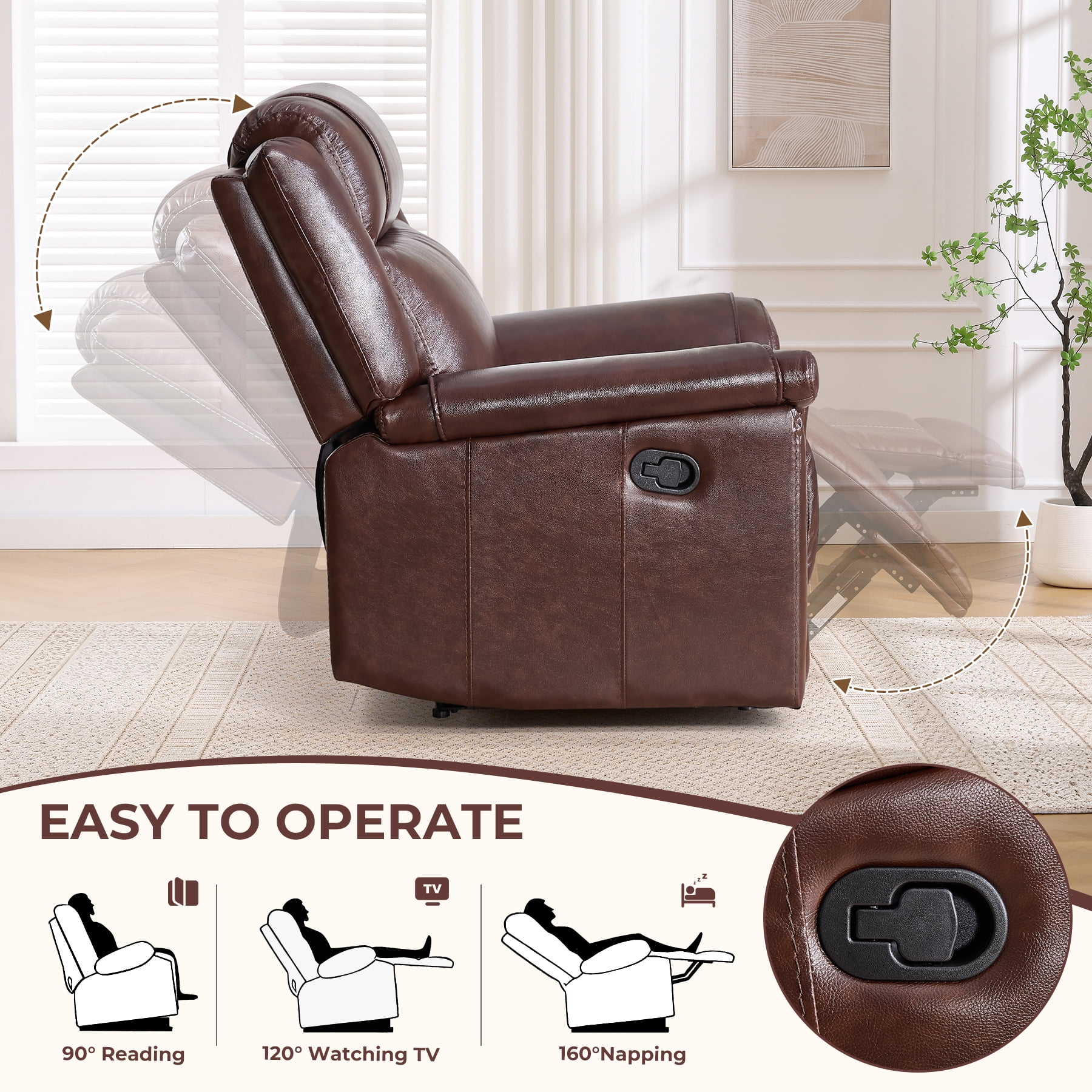 Ebello Genuine Leather Manual Recliner, Luxurious Modern Reclining Chair with Padded Headrest and Armrest for Living Room, Home Theater, Office, Brown