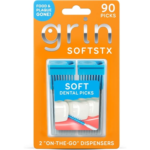 Softstx, Gentle Dental Picks, 90 Count, Soft Flexible Bristles, Textured Plaque Removing Toothpick, Minty Flavor, for Between Teeth, Refillable Hygienic Case, for Braces, Bridges, and Implants