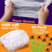 JoyX Halloween Spider Web Decorations, 1000 Sqft Super Stretch Spider Webs with 60 Plastic Fake Spider Glow in the Dark, Indoor/Outdoor 300g/10.58 oz