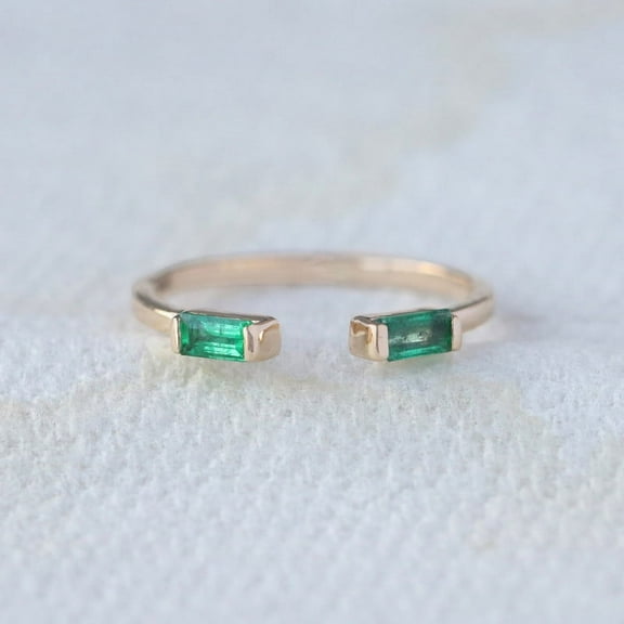 Emerald Cuff Ring, Baguette Emerald Open Band Ring, Two Stone Ring, Dianty Stackable Ring, 18k Gold Plated Ring
