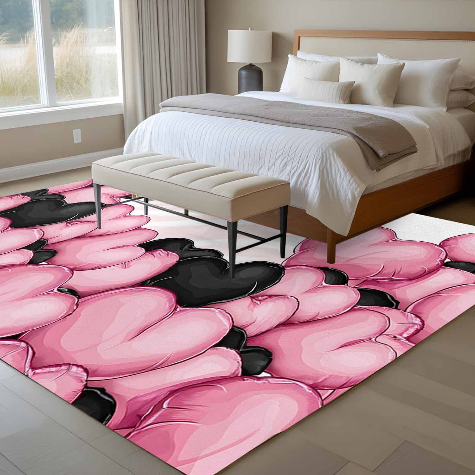 Rectangle Area Rugs 6 x 9 Ft, Valentine's Day Non-Slip Residential Carpet, Romantic Love Heart Ballons Pink and Black Indoor Crawling Mats Runner Rugs for Living Room/Dining Room/Bedroom