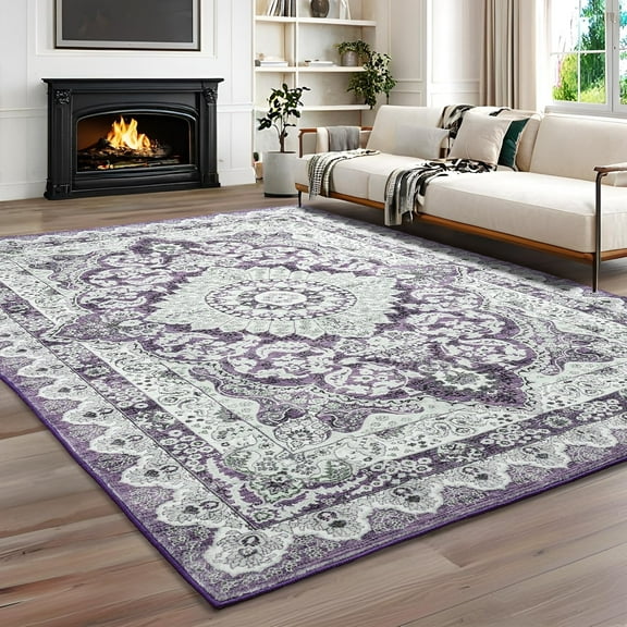 Noahas 8x10 Area Rugs for Living Room, Machine Washable Vintage Rug, Non-Slip Low Pile Throw Rugs with Rubber Backing Washable Carpet for Bedroom Dining Room Kitchen Home Decor, Purple