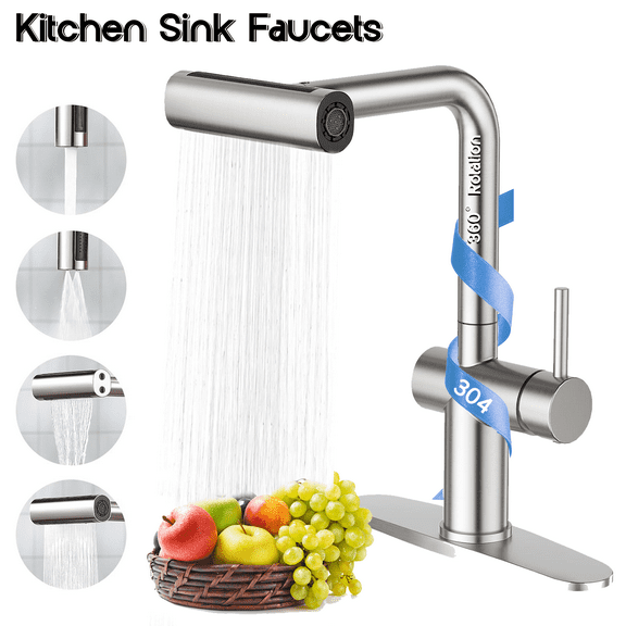 NEPIVEL Kitchen Sink Faucets, 4 Water Flow Modes Solid Brass Body, Single Handle Hot and Cold Mixer, High Arc Kitchen Faucet with Waterfall High Flow for RV, Bar, Utility and Laundry Sink