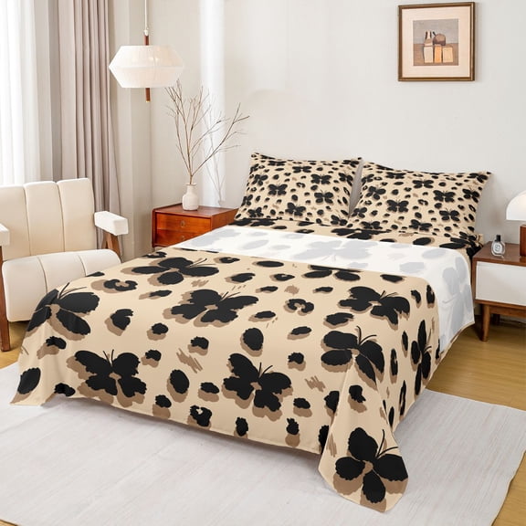 Homewish Abstract Flying Butterflies Twin Sheet Sets 3pcs for Female Men Adults,Leopard Print Twin Fitted Sheet Microfiber,Black Brown Breathable Flat Sheet,Lightweight Room Decor