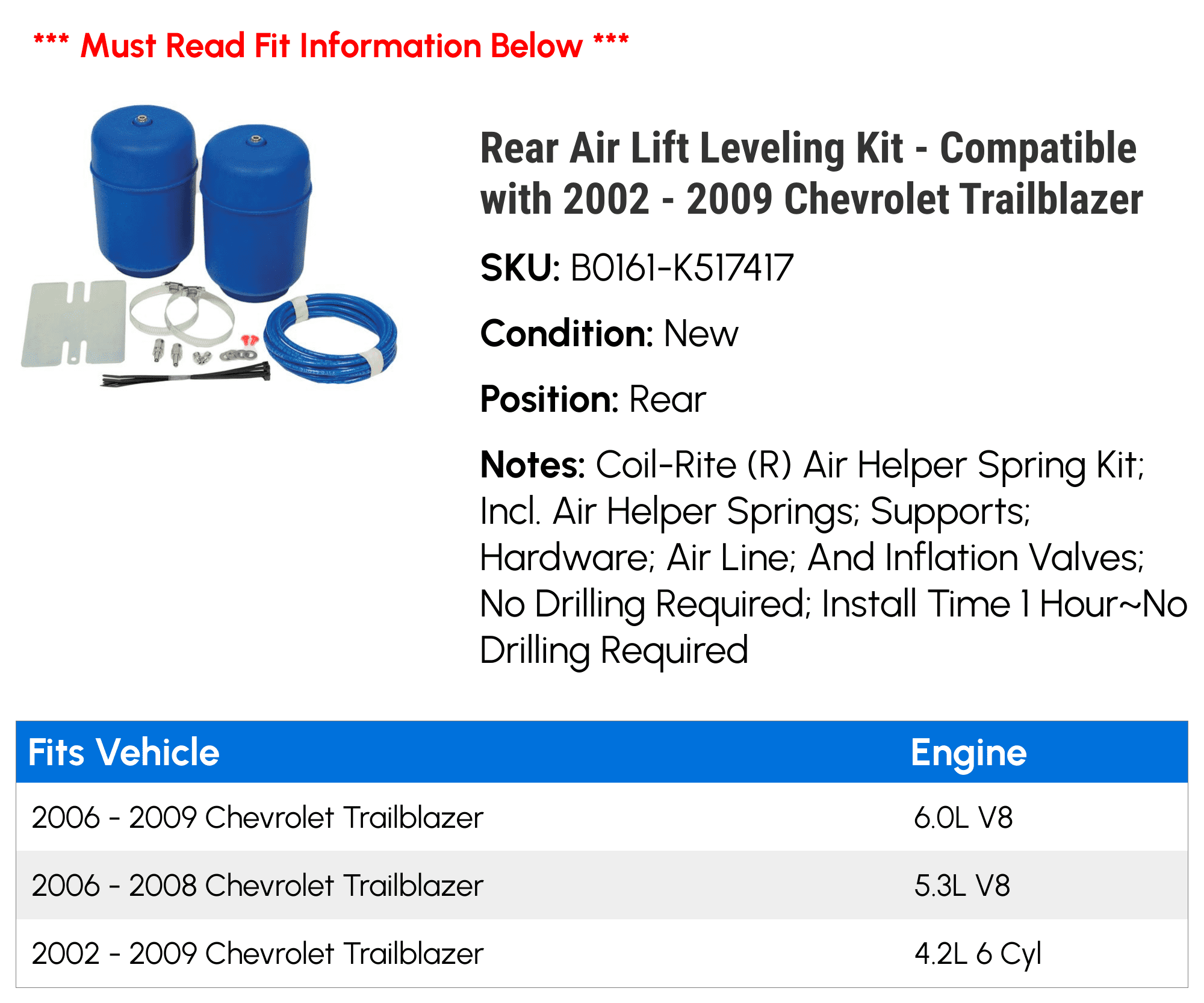 Rear Air Lift Leveling Kit - Compatible with 2002 - 2009 Chevy Trailblazer 2003 2004 2005 2006 2007 2008