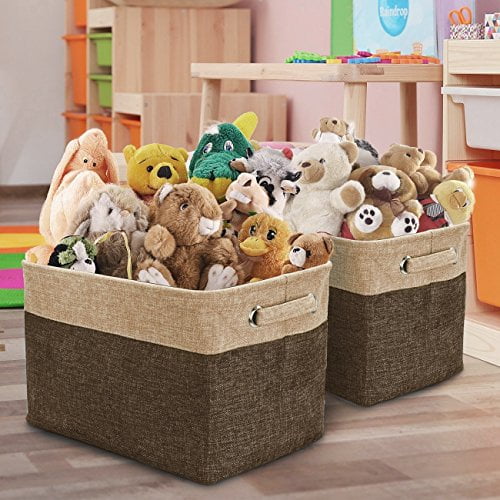 Sea Team 3-Pack Large Storage Basket Set Clothes Toys Bin Trunk Organizer Pale Blush/White 15 x 10 x 10 Inches Big Rectangular Canvas Fabric Collapsible Shelf Box with Handles for Kids Room 