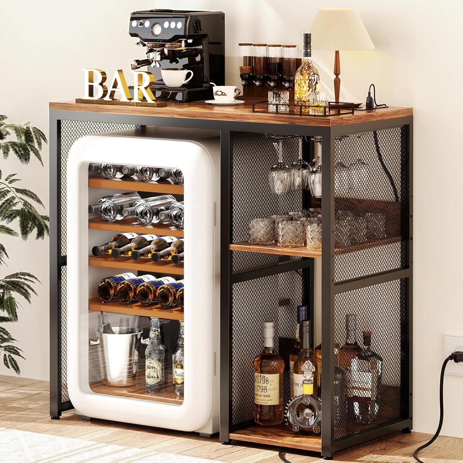 iSunirm Mini Fridge Stand with Storage Shelves, Kitchen Bakers Rack Microwave Stand with Charging Station & Glass Holder for Dining, Kitchen, Living Room, Rustic Brown