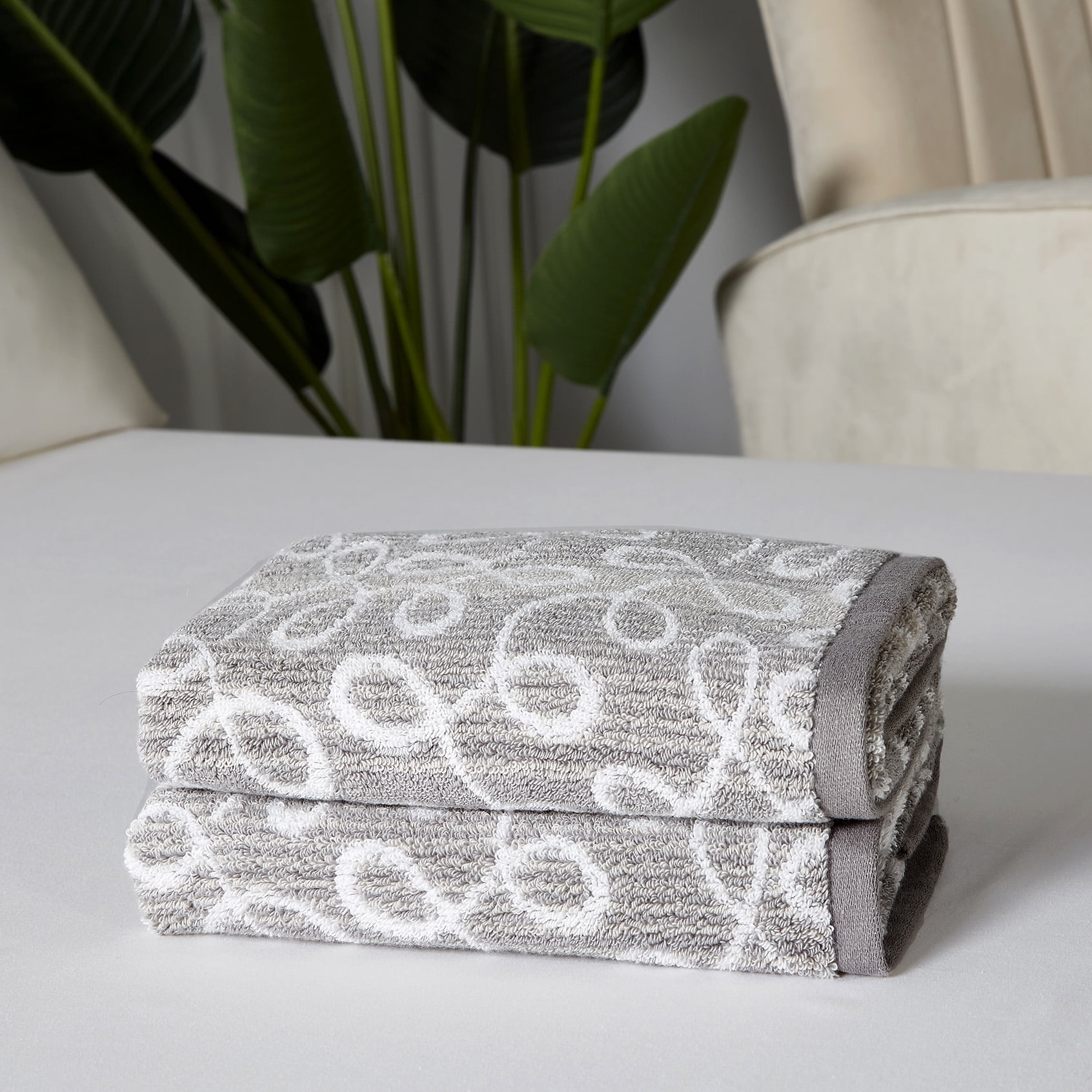 Violet Linen Scroll Pattern, 100% Terry Plush 600 GSM Cotton Super Soft Highly Absorbent Jacquard Fashion Towel for Bathroom, Premium Hotel & Spa Quality, Gray, 20 Inch X 30 Inch, Hand Towels