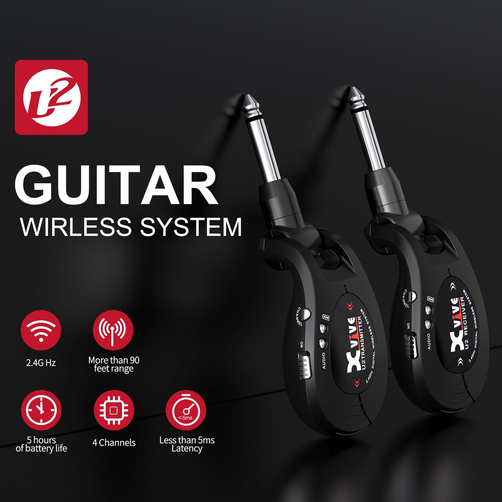 Xvive U2 Guitar Wireless System Wireless Guitar Transmitter and Receiver for Guitar, Bass, Amp, Violin(Black)