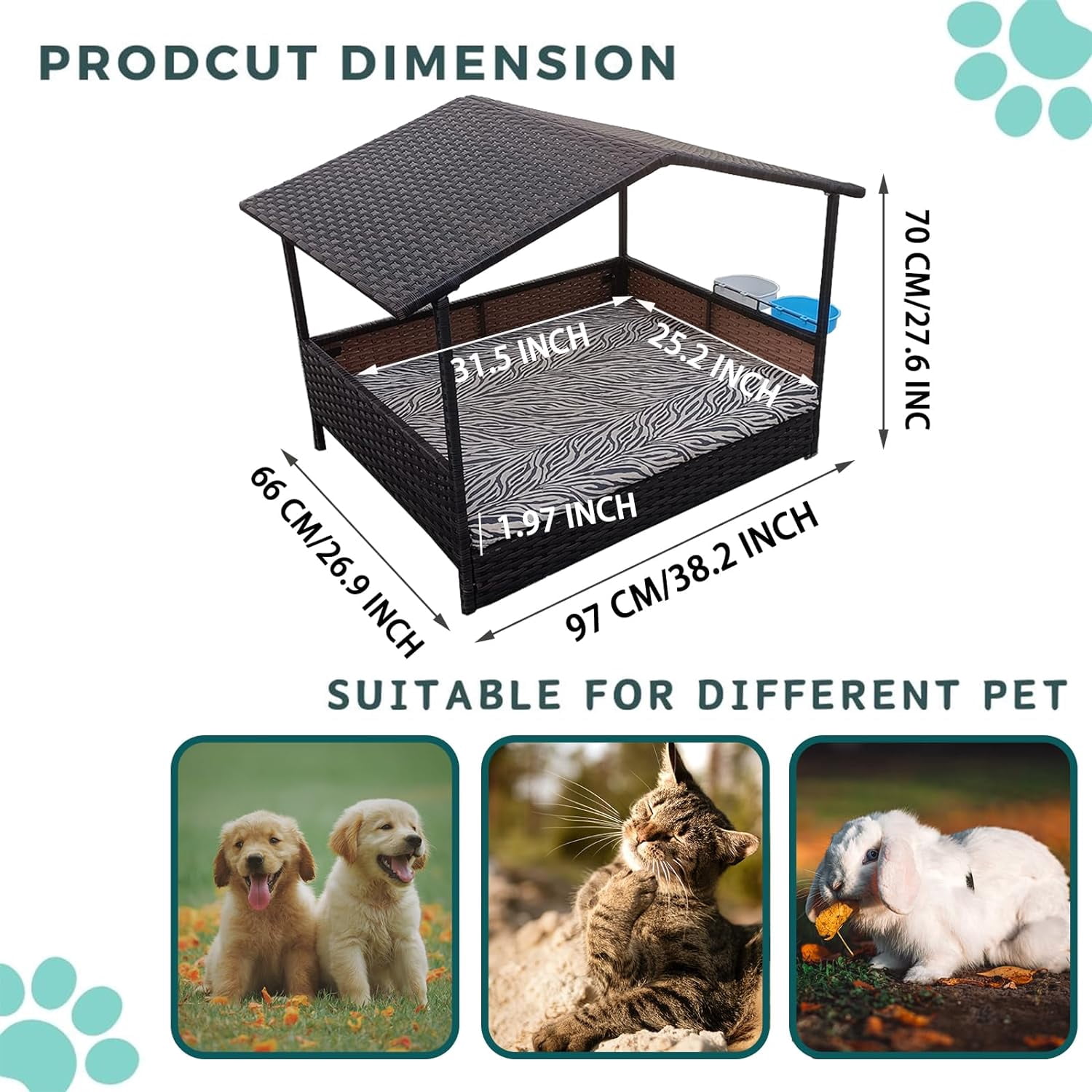 Outdoor Wicker Dog House with Canopy, Rattan Outside Dog Shelter with Removable Cushion Lounge, Washable Cover, Dog Bowl, Elevated Raised Rattan Dog Bed for Small to Medium Dogs & Cats