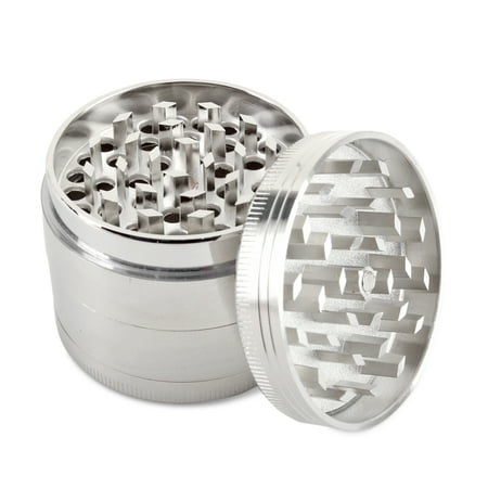 Spice Herb Grinder Aluminum Manual Handheld 2.5 Inch 63mm Diameter 4 Pieces Muller Tobacco Kitchen Crusher Tool with Mesh Screen Pollen Scraper Silver