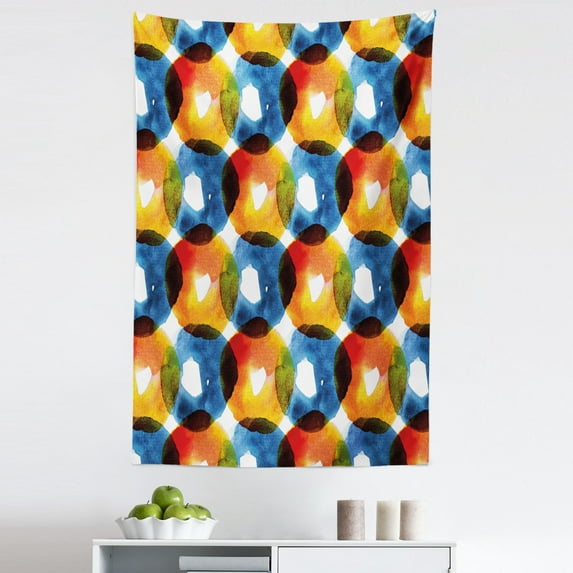 Modern Tapestry, Watercolor Drawing of Circular Bold Ring Shapes Vibrant Flow Macro Display, Fabric Wall Hanging Decor for Bedroom Living Room Dorm, 5 Sizes, Orange Blue, by Ambesonne