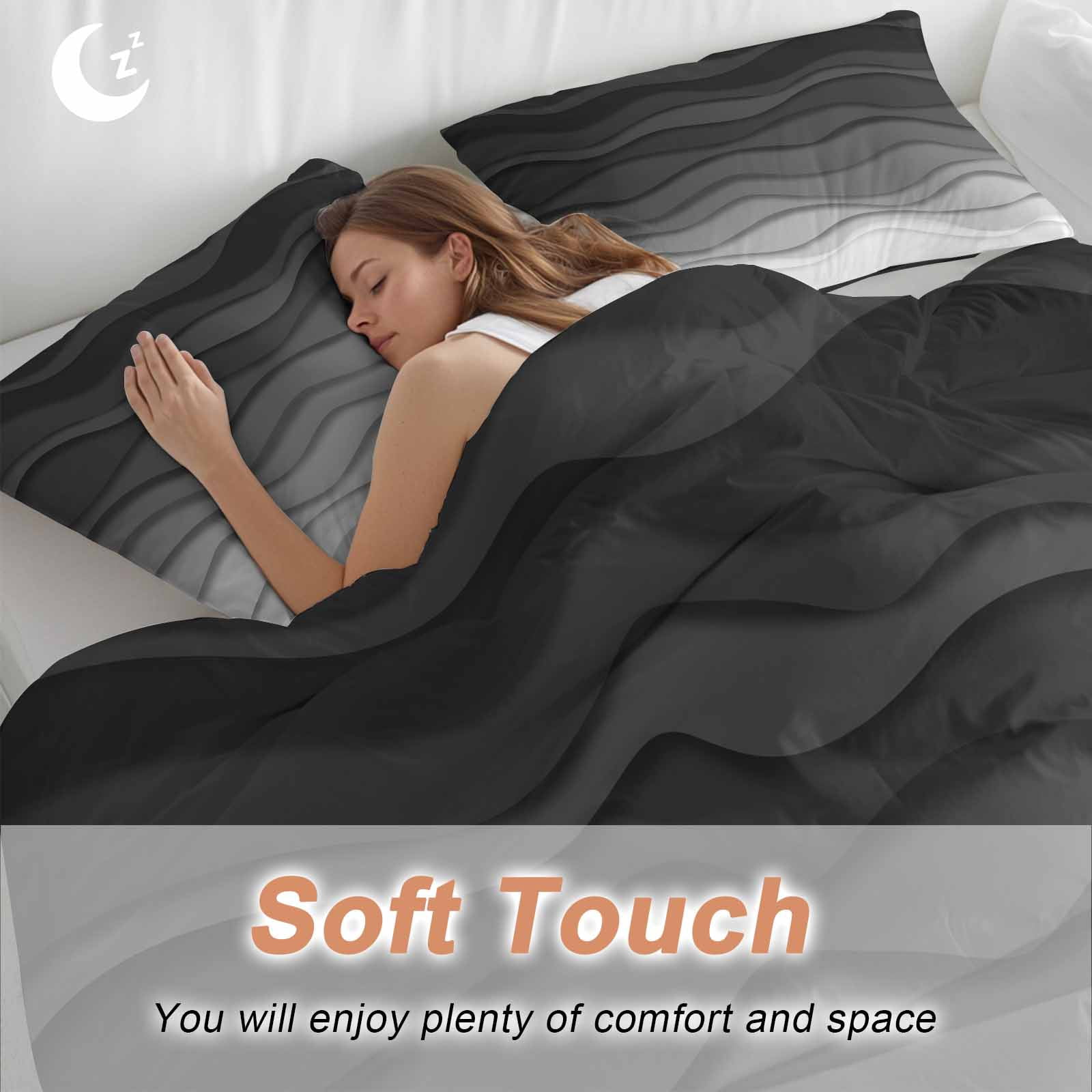 Black Ombre Stripes Bedding 3 Piece Duvet Cover Set Full Size, Modern Abstract Sea Waves Spray Art Soft Microfiber Comforter Cover with Zipper Closure & Pillowcases, FadeResistant Quilt Cover