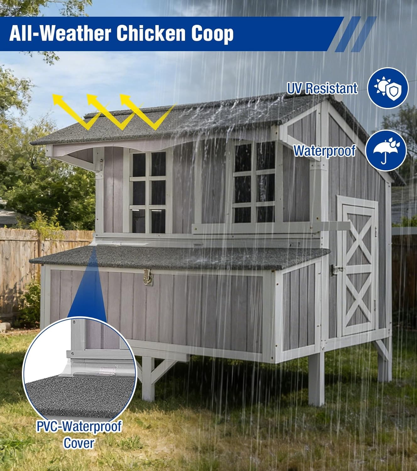 Aivituvin Large Chicken Coop with Wheels for 6-8 Chickens, Large Outdoor Duck Coop Hen House with Weatherproof Asphalt Roof, Nesting Box, Pull-Out Tray, 51.6" L x 41" W x 51.2" H