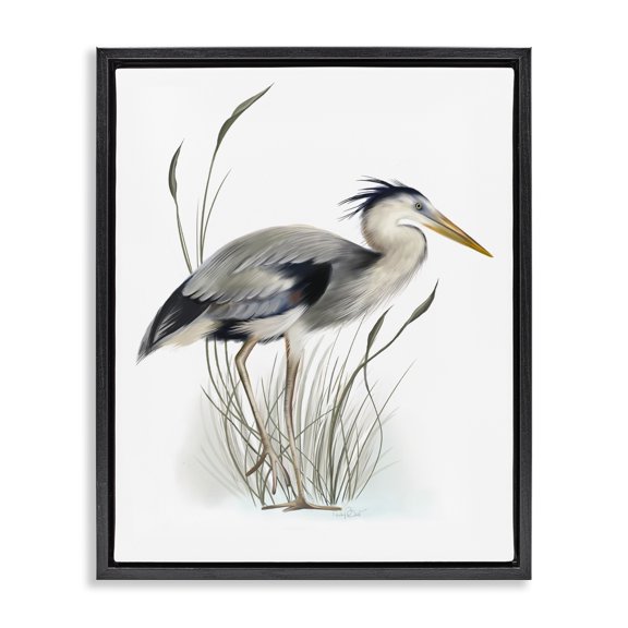 Stupell Industries Cottage Detailed Heron Bird Leering Wetland Grass Marsh Black Floating Frame Canvas Art, 25 x 31, by Studio Q