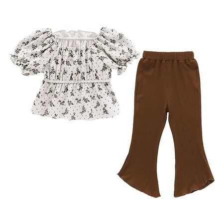 

Wiueurtly Girls Fashion Summer Waist Puff Sleeve Floral Print Top Solid Color Flared Pants Two Piece Set Baby Items Little Girls