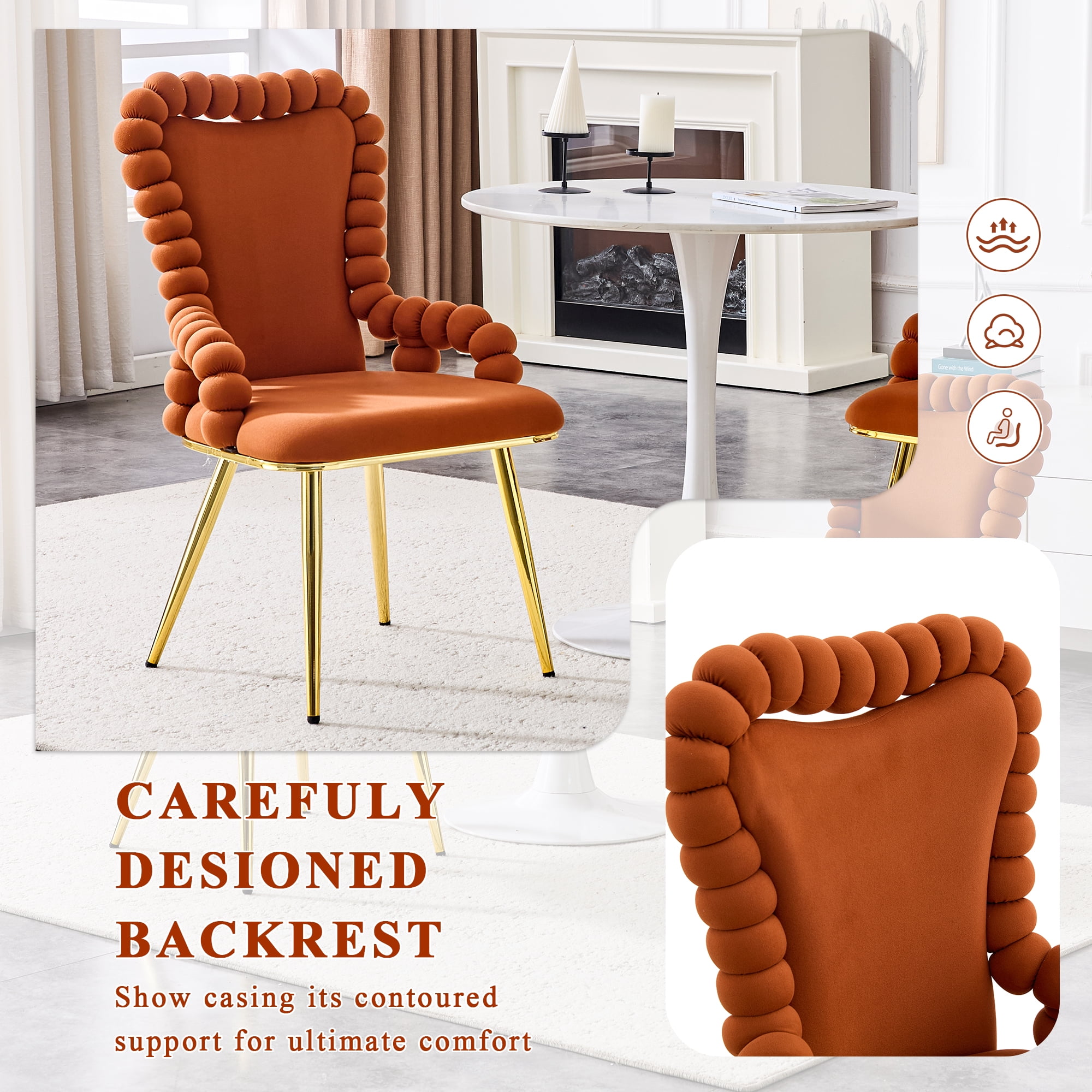 TesNus Set of 2 Brown Velvet Bubble Tufted Dining Chairs with Gold Metal Legs and Armrests for Dining Room