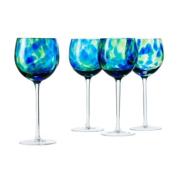 Blue Rose Polish Pottery Cobalt and Green Confetti Large Wine Glass Set