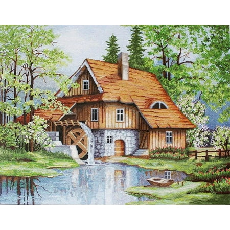 UPC: 4840746008344 | Counted Cross-Stitch Kit Spring landscape B492L Needlework Trees House Water Green Brown Canvas Cotton By