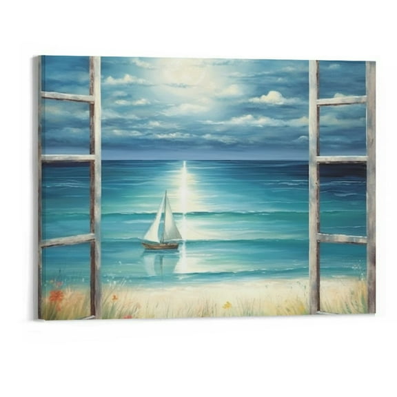 Creowell Window Picture Seascape Wall Art: Sailboat Beach Scene Artwork Painting on Canvas for Office (20 X 16In)