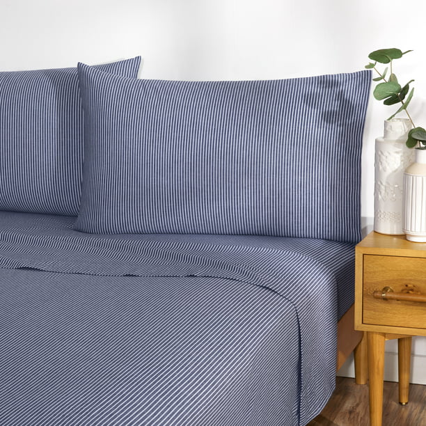 Gap Home Yarn Dyed Organic Cotton Chambray Stripe Bed Sheet Set, Deep Pocket, Full, Navy, 4PC